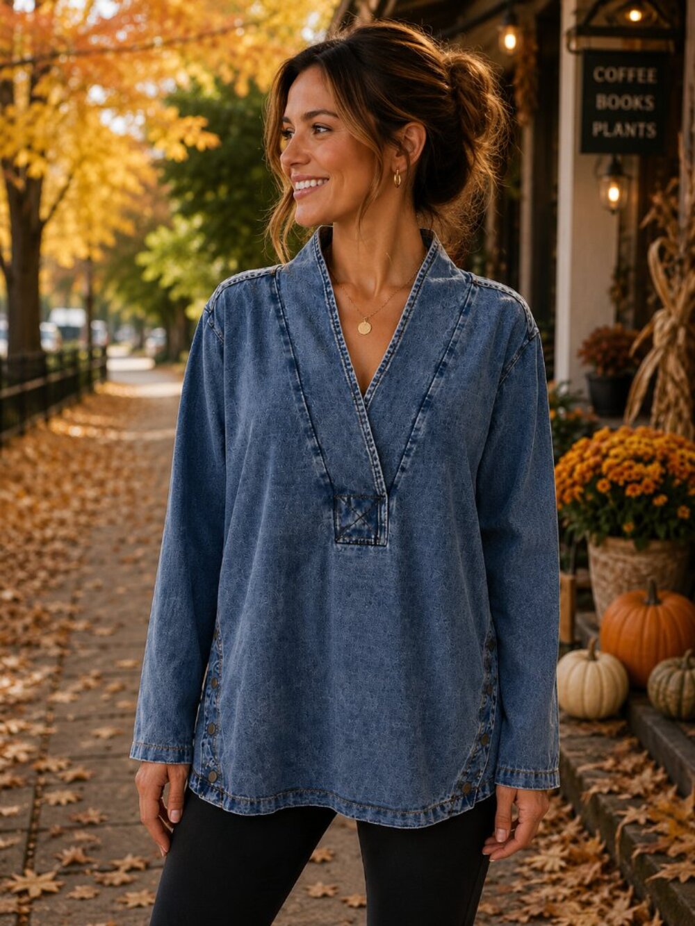 Soft Surroundings Denim Tunic Top 1X Blue V Neck Boho Western Coastal Cowgirl